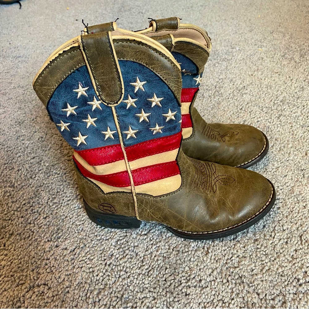 Roper American Patriotic Flag Light Up Square Toe  Cowboy Kids Boots Size 11